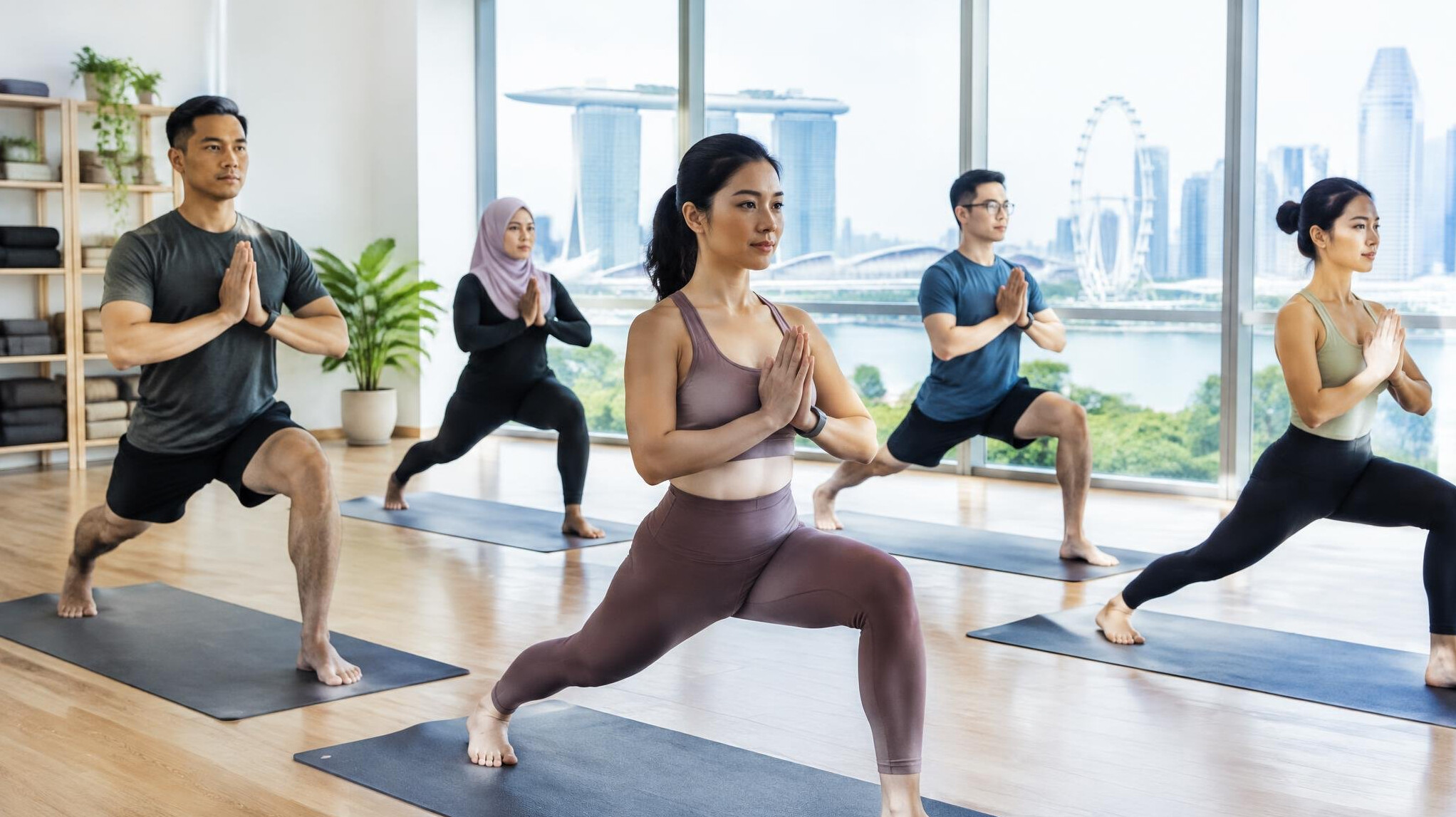 Small group yoga and mindfulness class in a bright studio