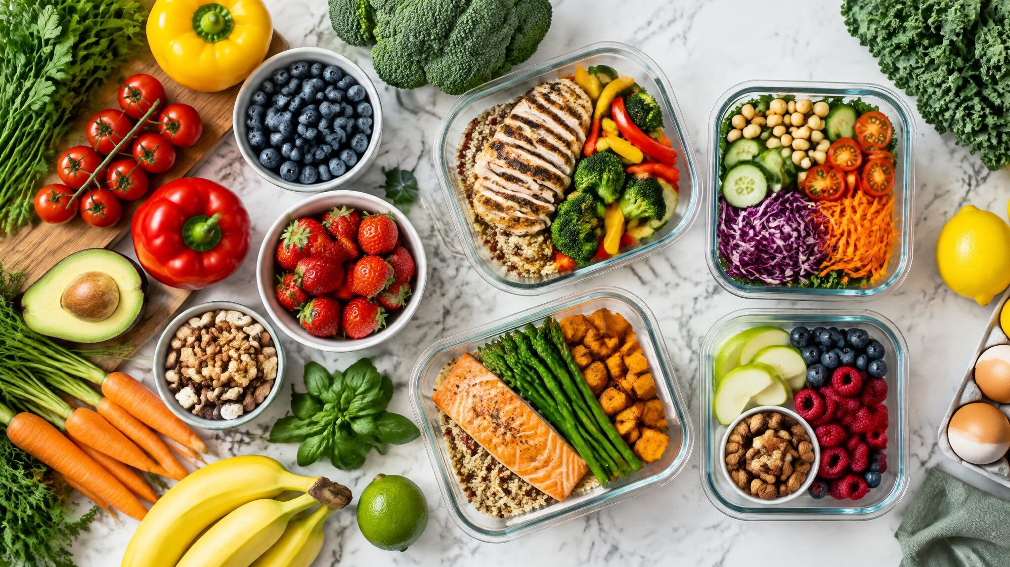 Fresh healthy vegetables and meal prep on a kitchen counter