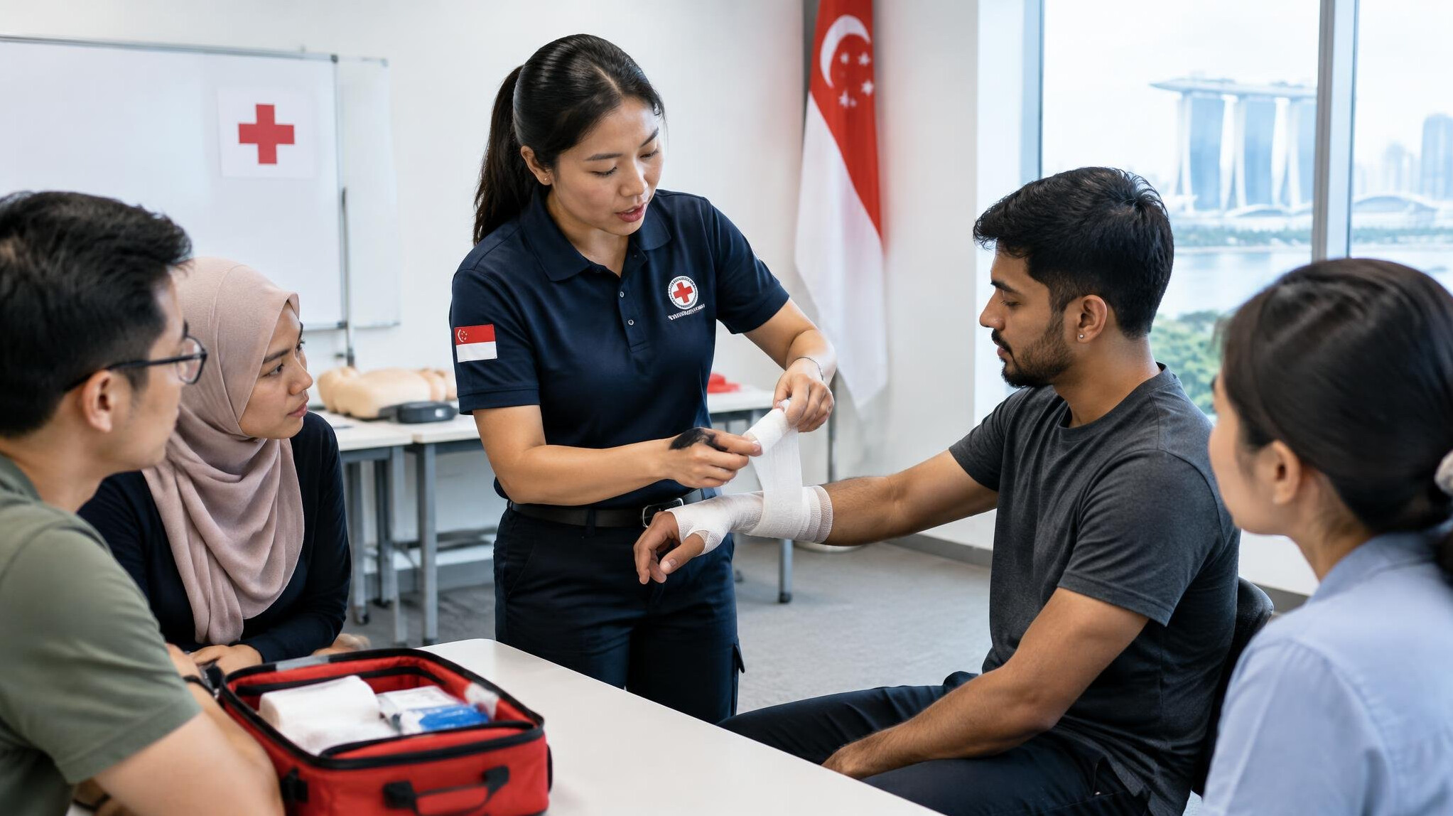 Instructor demonstrating first aid bandaging technique to a small class